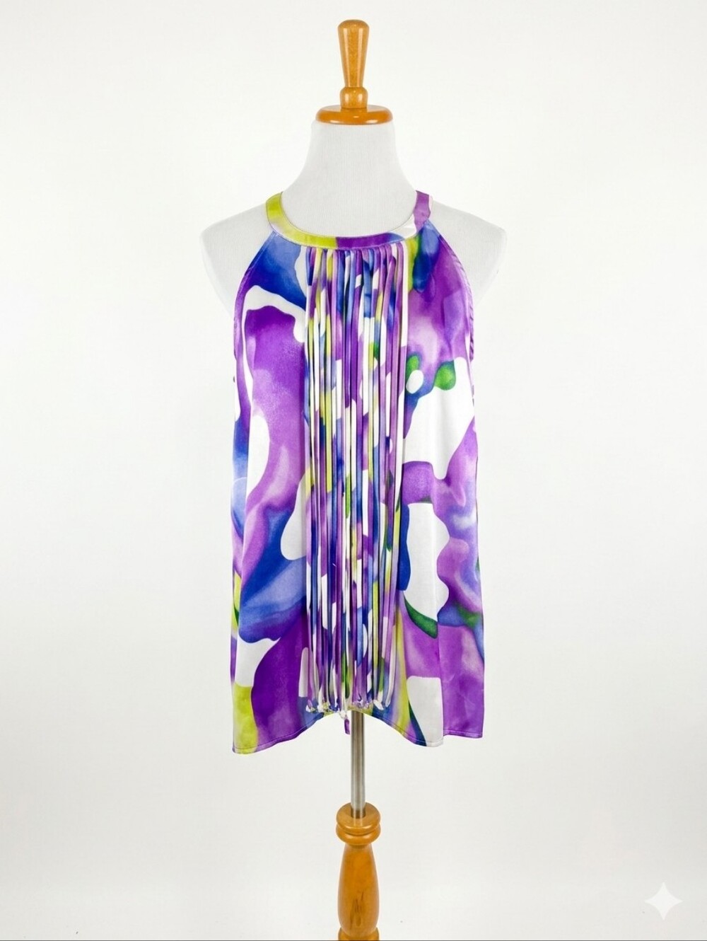 Ashley Stewart Size 20 Purple Abstract Floral Satin Halter Boho Fringe Top
